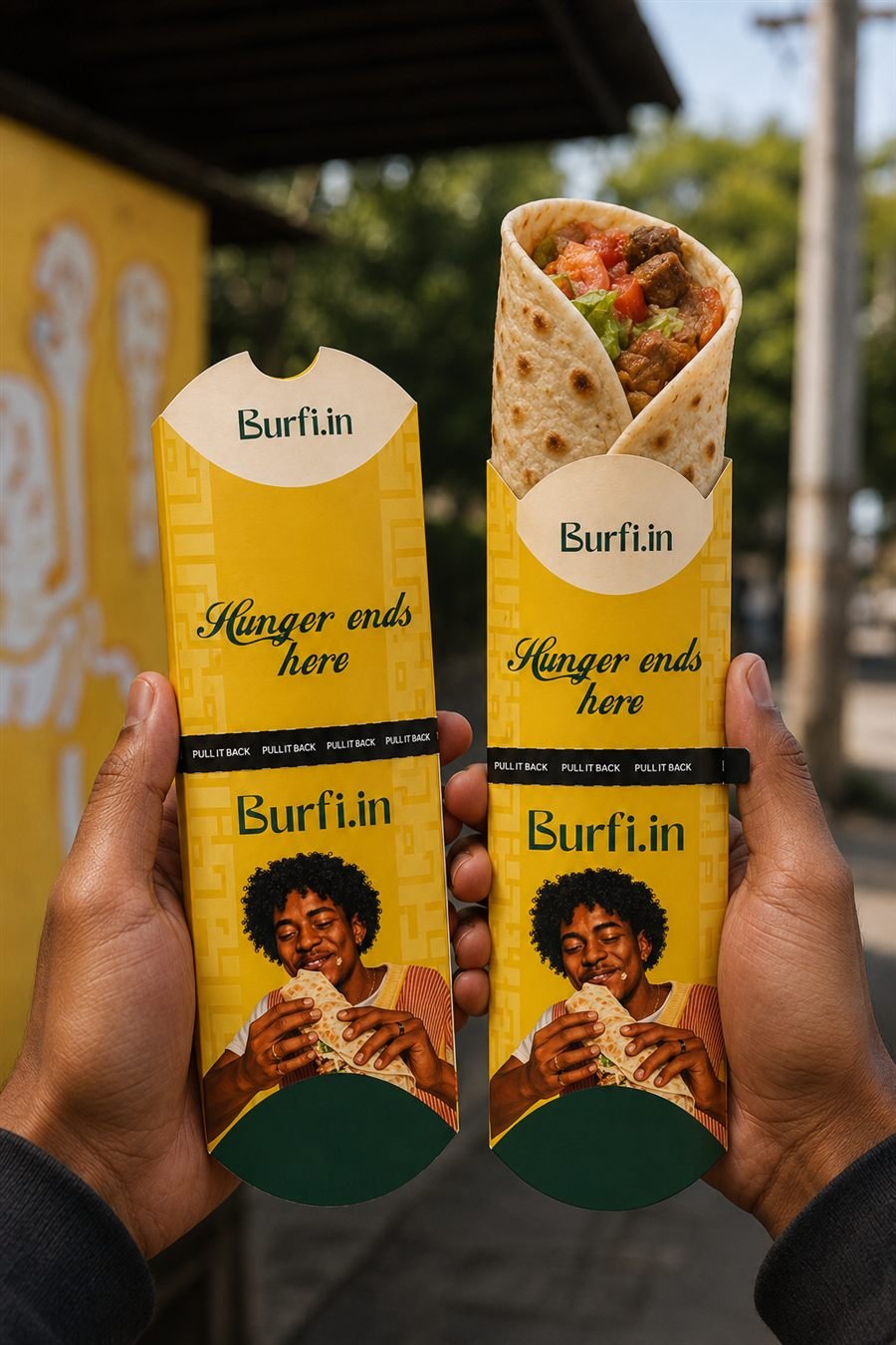 Burfi.in shawarma wrap in hand — yellow colourway