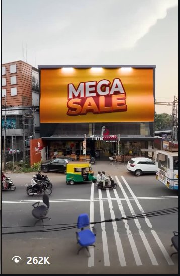 Finearch Interiors Mega Sale storefront LED display, Instagram reel with 262K views