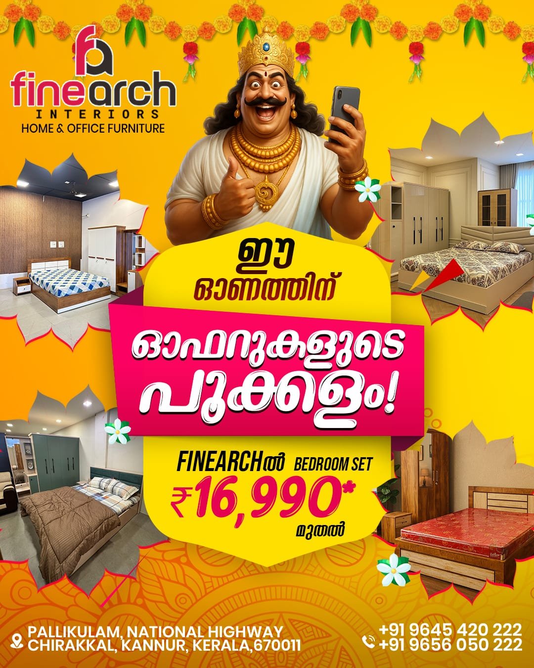 Finearch Interiors Onam offer campaign creative — bedroom set from ₹16,990